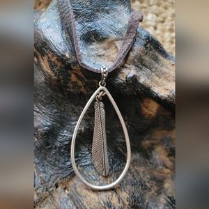 Lucky Brand Supple Leather Strand Pendant Necklace with Engraved Silver Feather